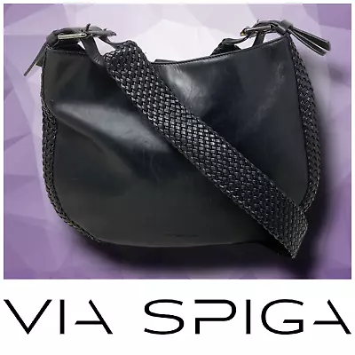 Vintage Y2K Via Spiga Black Leather Braided Strap Crossbody Messenger Bag Purse • $46.19