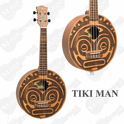 $175 • Buy Tiki Man Ukulele Round Body With Engraved Tiki Logo Face And Gig Bag *new*