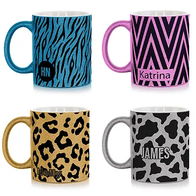Personalised Glitter Mug With Animal Print| Leopard Tiger Cow Custom Name Mug • £6.99