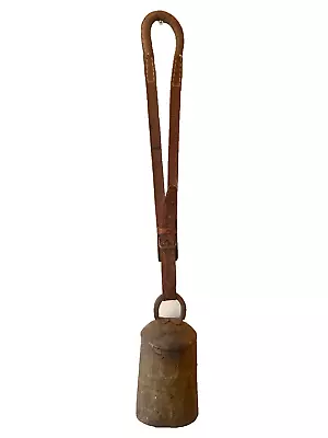 Antique 8.5  Metal Cow Bell On Brown Leather Hand Crafted Harness • $75