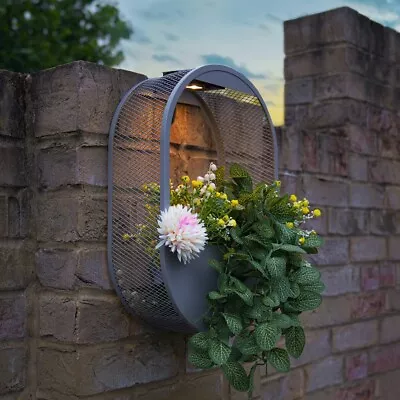 40cm Solar LED Lit Oval Grey Wall Mounted Garden Planter | Flower Plant Pot • £27.99