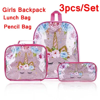3Pcs Set Child Girls Unicorn School Backpack Lunch Bag Pencil Pen Case Rucksack • £12.98