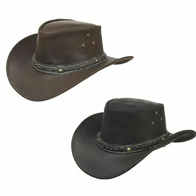 £15.99 • Buy Women Men's Australian Western Style Real Leather Cowboy Bush Hat Chin Strap UK