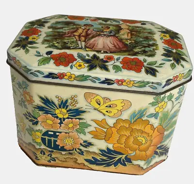 Vintage Metal Tin Tea Box Lidded England Baker Floral Butterflies Gold Romantic • $20