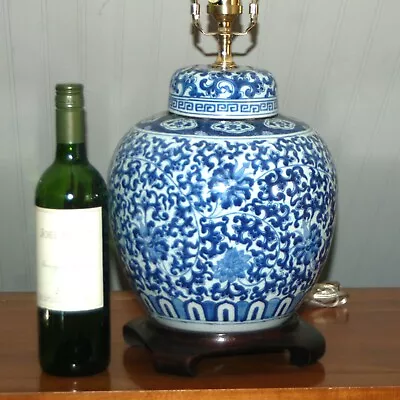 Chinese Blue And White Canton GINGER JAR LAMP Large Porcelain Vase Brass • $295