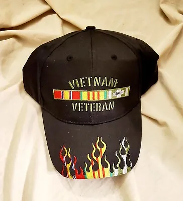 VIETNAM VETERAN ADJUSTABLE Adult Black Hat Ballcap MADE IN USA Ribbons Flames • $7.99
