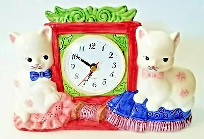 Vintage Kitty Cats Kittens Ceramic Quartz Clock Desk Shelf Mantle Tiawan Tested • $27.39