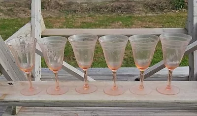Six Vintage Pink Depression Glass Stemware. • $60