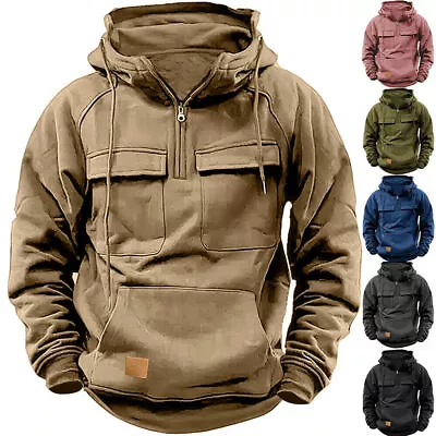 Mens Cargo Combat Hoodie Long Sleeve Half Zip Army Sport Tactical Sweatshirt Top • £3.99