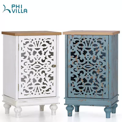 PHI VILLA Distressed Accent Carved Floral Single Door Nightstand Table Cabinet • $102.99