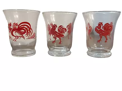 Vintage MCM Red Rooster Orange Juice Or Cocktail Barware Glass Set Of 3 Mixed • $21