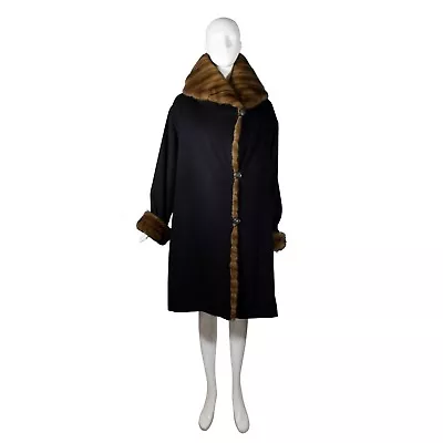 J.MENDEL Black Cashmere Natural Brown Mink Fur Trim Shawl Collar Hooded Coat M L • $1450