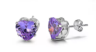 Sterling Silver Heart Simulated Amethyst CZ Stud Earrings NEW • $10.95