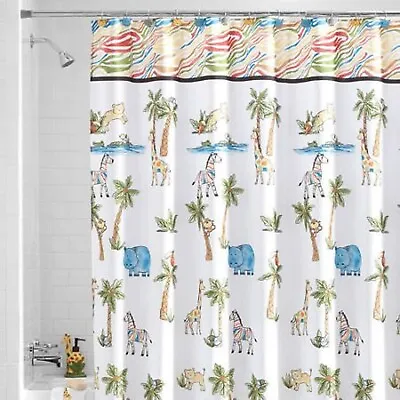 Saturday Knight Fabric Shower Curtain Safari Palm Trees Hippo Giraffe Monkey • $24.99