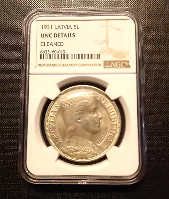 1931 Latvia 5 Lati Silver Coin NGC UNC Details • $99