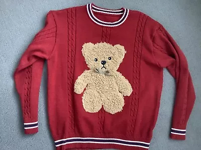 Vintage Fluffy Cute Teddy Bear Christmas Knit Stretch Jumper Fleece Red Size10 M • $42.90