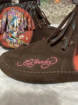 ED Hardy Woman's Chocolate Suede Skull Flowers Moccasin Boot Size 8 • $39.99