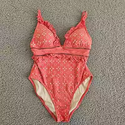 J Crew One-Piece Swimsuit Womens 8 Pink Scalloped Ruffle Plunging Lasercut Eylet • $29.97