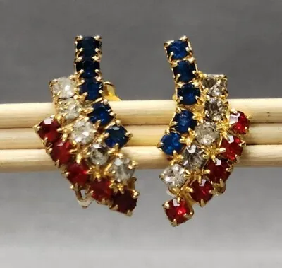 Vintage Patriotic Red White & Blue Rhinestone Cluster Gold-tone Clip-on Earrings • $18