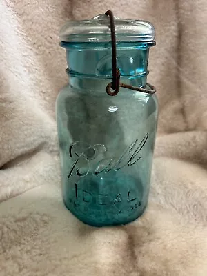  Vintage Blue Ball Ideal Jar Pat.D July 14 1908 Has Glass Lid With Wire  • $5