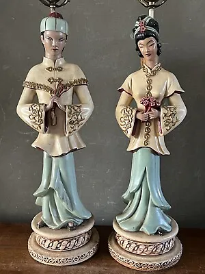 Vintage Mid Century Art Deco Asian Chalkware Table Lamps Rare • $175