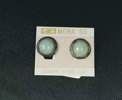 MONA SO Green Genuine Stone Pierced Earrings NOS        HG22 • $8.99