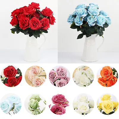 £8.75 • Buy 10 Heads Artificial Roses Flowers Arrangement Silk Bouquet Home Wedding Decor