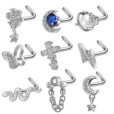 $7.99 • Buy 9 Pcs CZ Opal Nose Rings Studs Silver L Shape Stainless Steel Body Piercing 20G