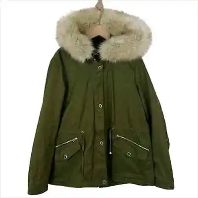 $45.99 • Buy Zara Trafaluc Outerwear Army Green Parka Coat With Fur Trim Size Small