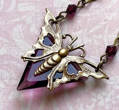 Butterfly Necklace Art Nouveau BrassPendant Antique Amethyst Czech Glass • $28