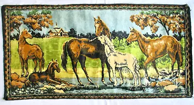 VNTG Velvet Tapestry Horses White Colt @Spring Stream 19 X38  Wall Hanging~Italy • $21.50