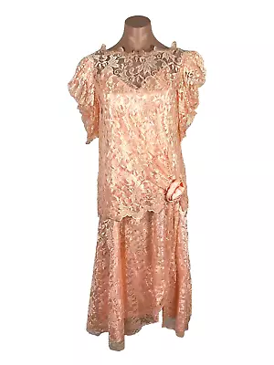 VTG 80s Prom Peach Lace PUFFY BUBBLE SLEEVE Party UNION MADE Evening Dress Gown • $94.99