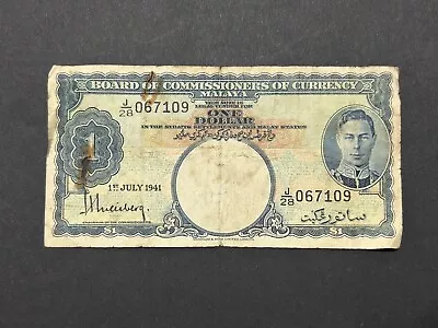 1941 Board Of Commissioners Of Currency Malaya $1 Dollar Banknote - KGVI • £4.99