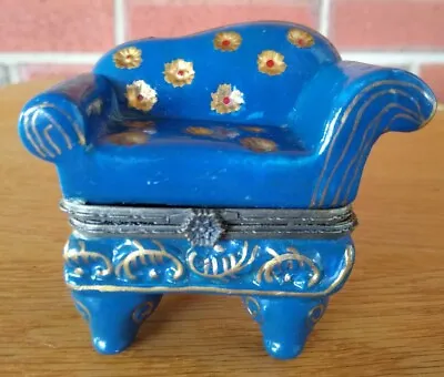 Blue And Gold Overstuffed Chair Hinged Trinket Box Retro Estate Find • $6.99