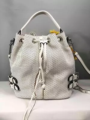 REBECCA MINKOFF Moto Perforated White Leather Buckles Bucket Drawstring Bag • $98.99