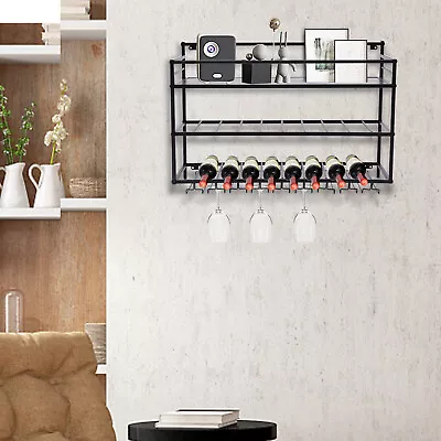 Wine Rack Wall Mounted Metal Wine Shelf With Bottle Stemware Glass Holder • $36