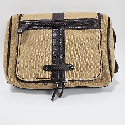 Fossil Hanging Leather Canvas Toiletry Travel Bag Shave Kit Full Zip Brown • $35