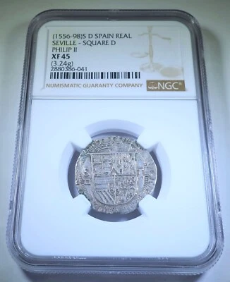 $489.95 • Buy NGC XF-45 1556-98 Philip II Spanish Silver 1 Reales Antique 1500's Colonial Coin