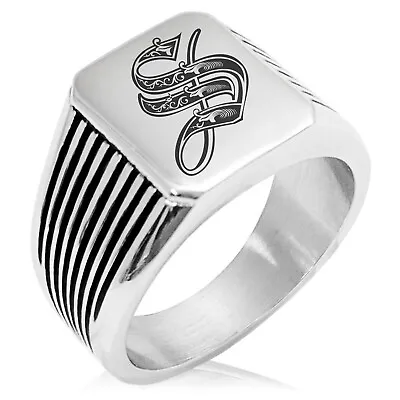 Stainless Steel Mens Royal Monogram Initial Striped Biker Style Signet Ring • $15