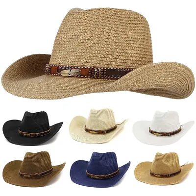 UK Straw Cowboy Hat Men Women Cowboy Hat Straw Sun Hat Beach Outdoor Straw Hat • £8.55