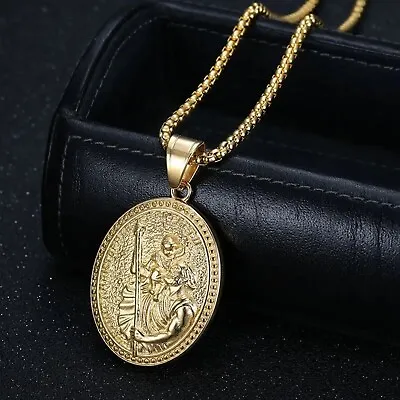 Gold Mens  St Christopher Necklace 18ct  GF  Xtra Large Chunky Pendant NH727 • £34.99