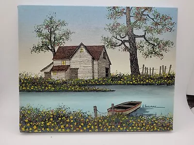 8 X 10 H. Hargrove Signed Oil Painting Serigraph  On Canvas Lakeside Farmhouse • $24.95
