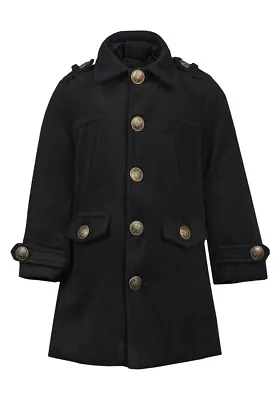 Girls Aishty Black Wool Blend Collared Button Down Thick Winter Coat.Sizes:6-12y • £15.99