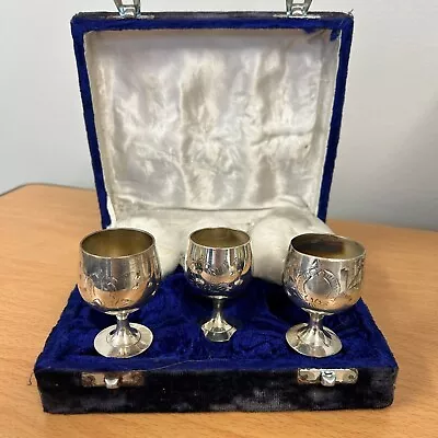 Boxed Set Of 6 Etched Silver Plated Miniature Drinking Goblets 6cm Tall • £20