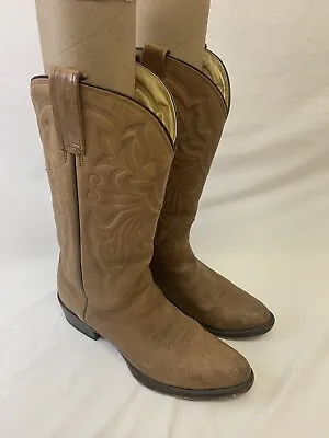 Rockin Country Men’s 8.5 EE Leather Cowboy Boots 1102 Pointed Toe Inlay Brown • $55