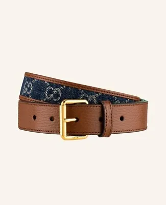 Gucci GG Blue Denim Brown Leather Square Buckle Belt 85-34 UNISEX 100% Authentic • $299.99