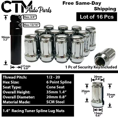 16x Chrome 1.4  Tall 1/2-20 Spline Tuner Wheel Lug Mustang Cougar Marquis 4Lug • $18.99