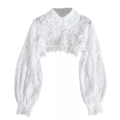 Women Puff Long Sleeve Lapel Half Top Eyelash Floral Lace Detachable Fake Collar • £12.58