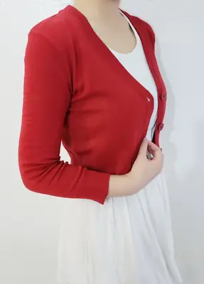 Women Cropped Cardigan - 3/4 Sleeve Fitted V-Neck Knit & Plus Size Vintage Style • $14.99