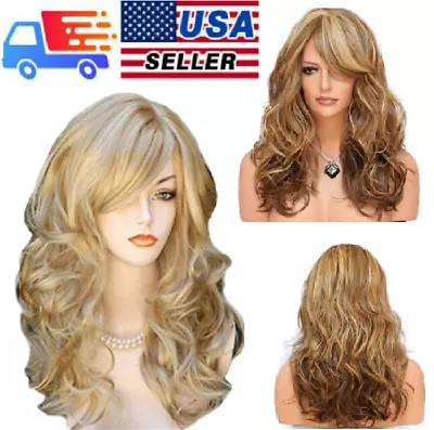Womens Wig Golden Blond Heat Resistant Long Curly Wavy Full Volume Hair Wig USA • $14.19